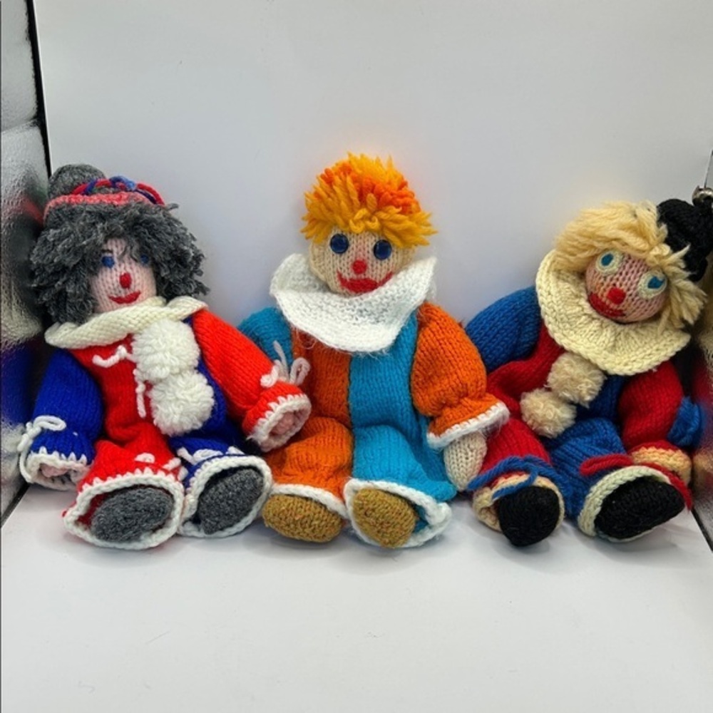 Vintage Colorful Knitted Clown Dolls Set